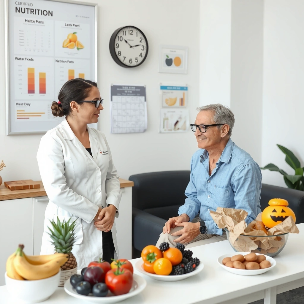 Nutritionniste professionnelle en consultation avec un patient dans un environnement moderne et chaleureux